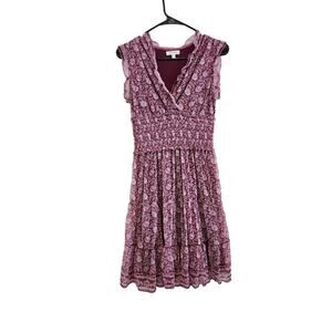 Max Studio Printed Surplice V-neck Ruffle Trim Sleeveless Smock Short Dress XS